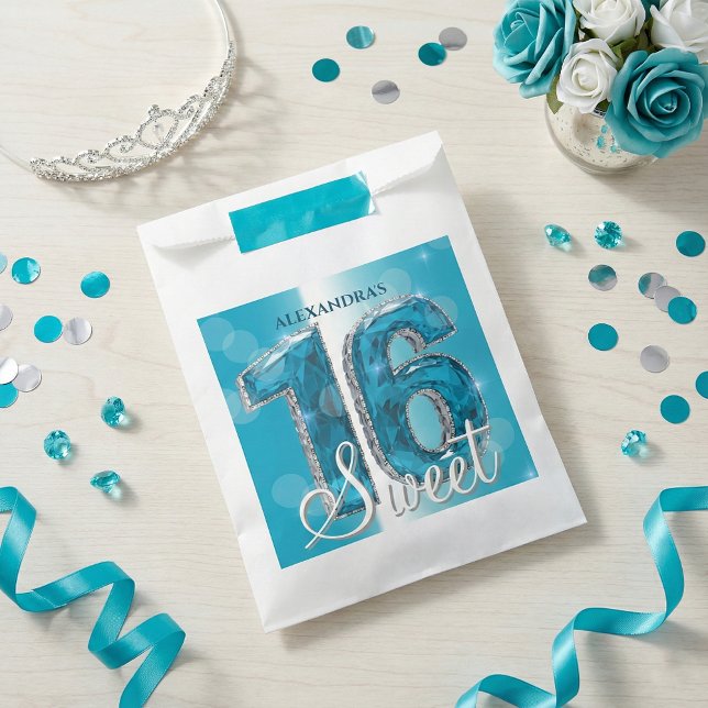 Glam Teal Blue Diamonds Sweet 16 Birthday Party Geschenktütchen (Von Creator hochgeladen)