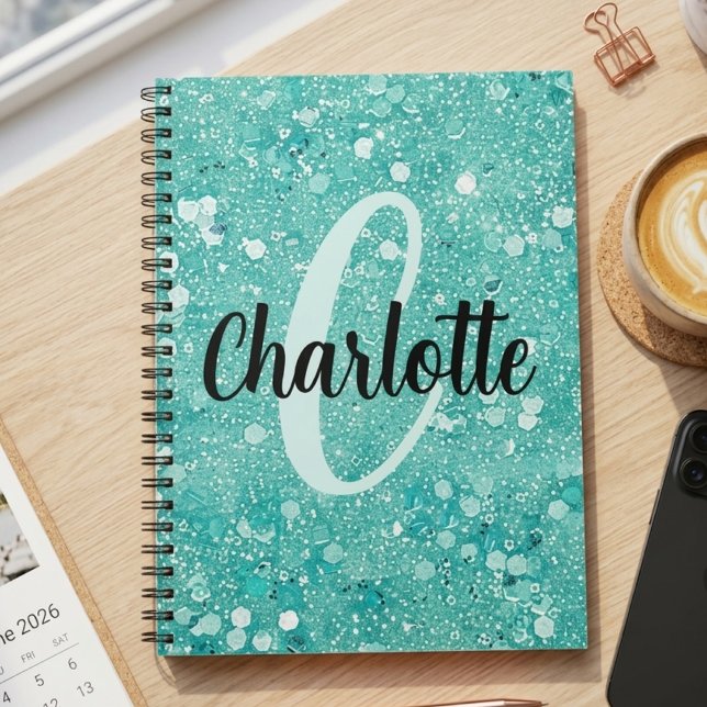 Glam Teal Mint Faux Glitter Funkel Monogramm Name Notizblock (Von Creator hochgeladen)