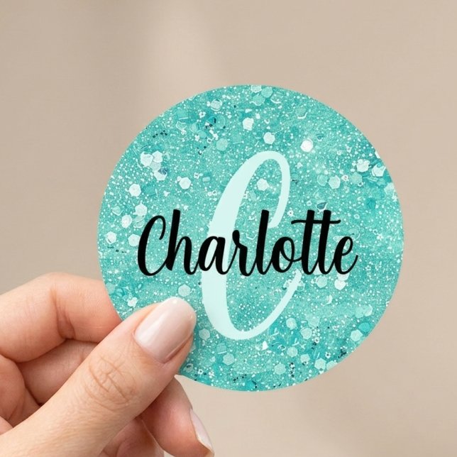 Glam Teal Mint Faux Glitter Funkel Monogramm Name Runder Aufkleber (Von Creator hochgeladen)