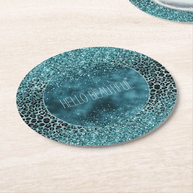 Glam Türkis Aquamarin Blue Leopard Print Glitzer Runder Pappuntersetzer (Angewinkelt)