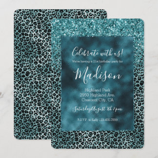 Glam Turquoise Aquamarin Blue Leopard Print Glitze Einladung
