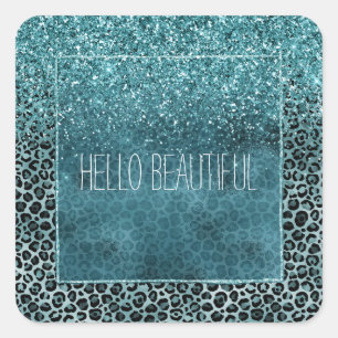 Glam Turquoise Aquamarin Blue Leopard Print Glitze Quadratischer Aufkleber