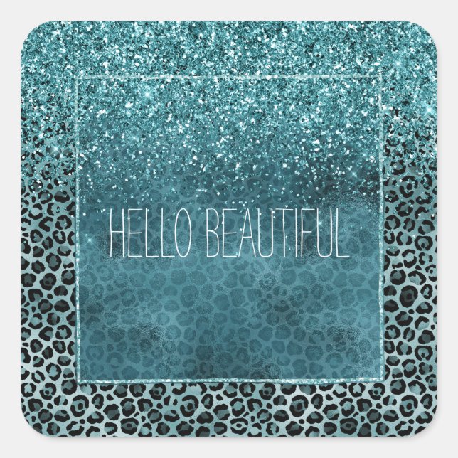 Glam Turquoise Aquamarin Blue Leopard Print Glitze Quadratischer Aufkleber (Vorderseite)