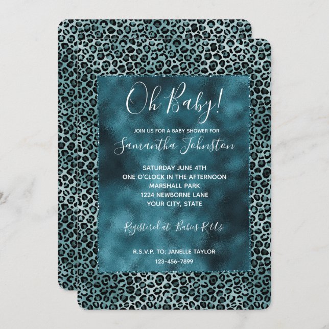 Glam Turquoise Aquamarin Blue Leopard Print Ombre Einladung (Vorne/Hinten)