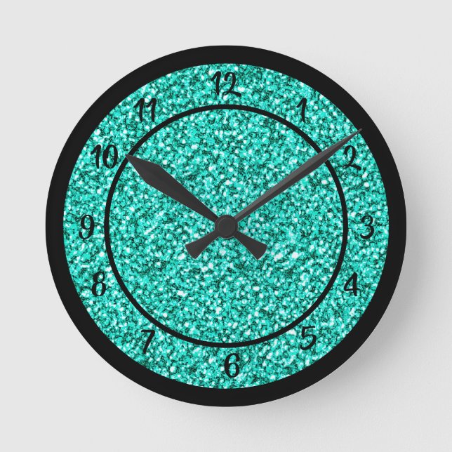 Glam Turquoise Blue Glitzer Sparkle Runde Wanduhr (Vorderseite)