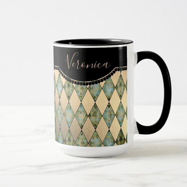 Glam Turquoise Harlequin Personalisiert Tasse (Rechts)
