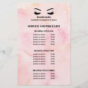 Glam watercolor pink EYELASH SALON SERVICE LIST Flyer