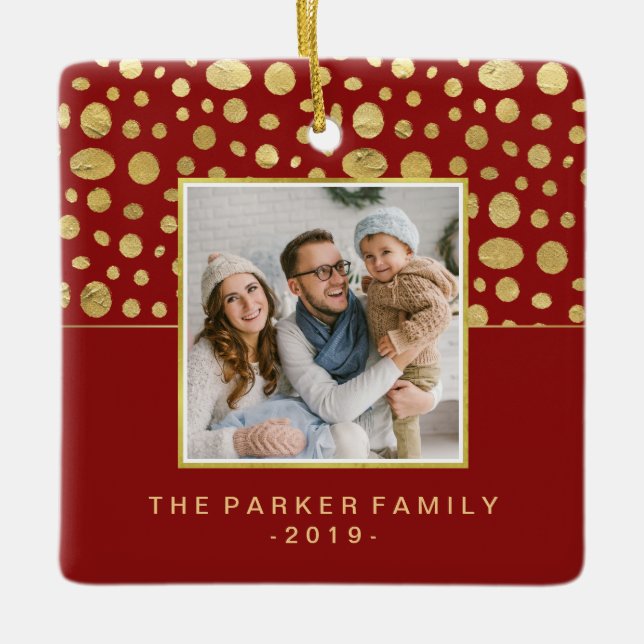 Glam Weihnachten Imitate Gold Dots on Red mit Foto Keramikornament (Vorderseite)