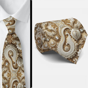 Glam Weiße und Goldene Spitze Paisley Diamant Kraw Krawatte