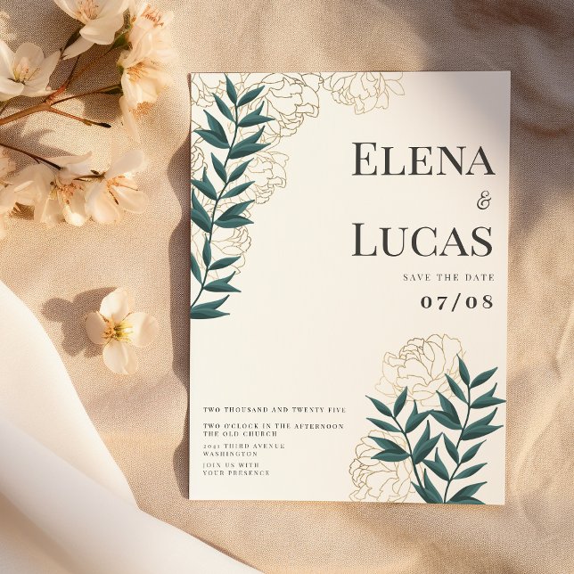 Glam, weißes, goldgrünes Pfingstich Einladung (Glam white gold green peonies leaf floral wedding)