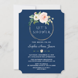 Glam White Blume Gold Frame Blue Brautparty Einladung