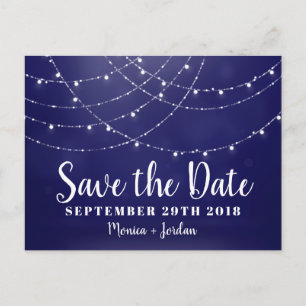 Glam White Fairy Lights Blau SAVE THE DATE Ankündigungspostkarte