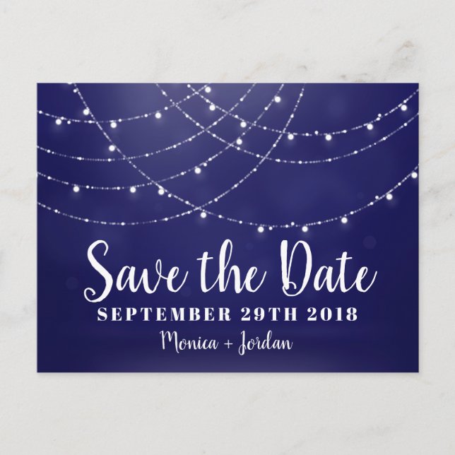 Glam White Fairy Lights Blau SAVE THE DATE Ankündigungspostkarte (Vorderseite)
