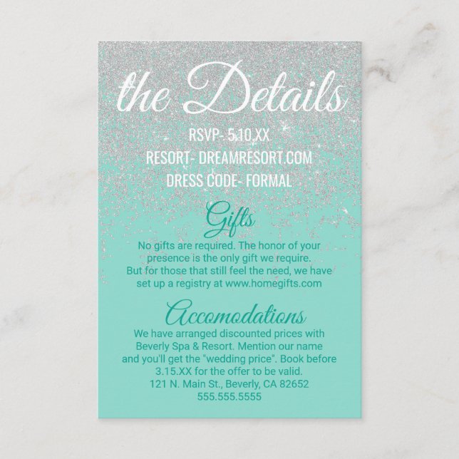 Glam White Glitzer Glitzern Aquamarine Hochzeitdet Begleitkarte (Vorderseite)