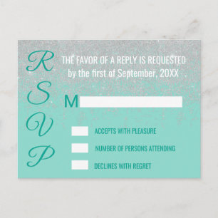 Glam White Glitzer Glitzern Aquamarine RSVPs Einladungspostkarte