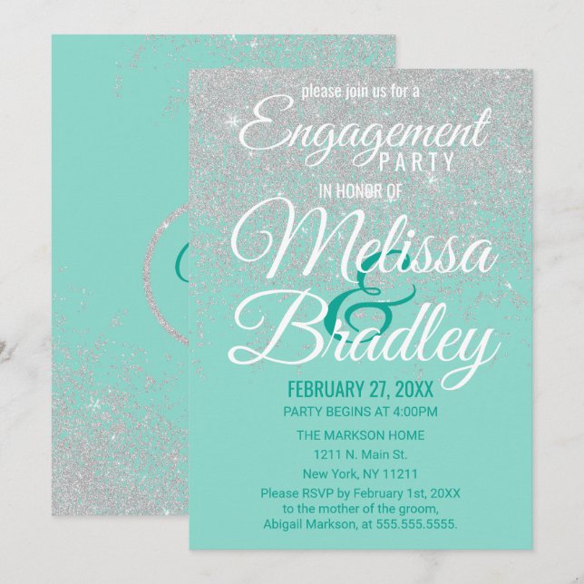 Glam White Glitzer Glitzern Aquamarine Verlobung Einladung (Vorne/Hinten)