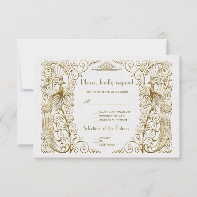 Glam White Gold Art Deco Peacocks Wedding RSVP (Vorderseite)