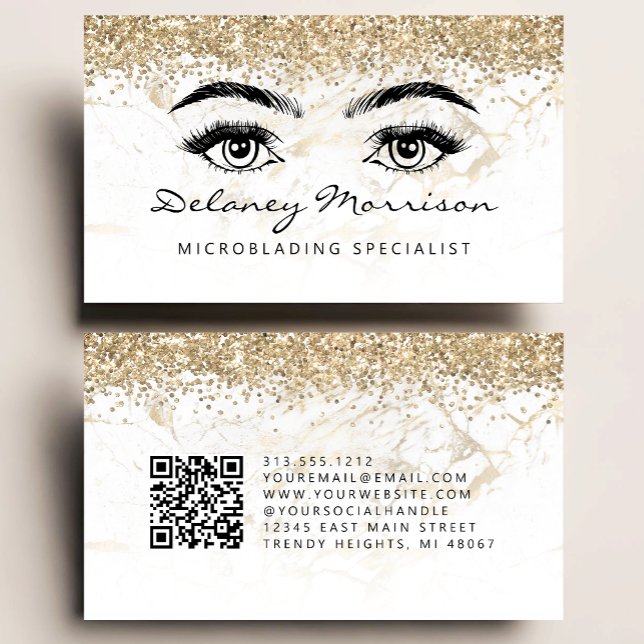 Glam White Gold Marmor Augen QR-Code Microblading Visitenkarte (Von Creator hochgeladen)