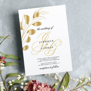 Glam White Gold Monogram Initials Blumenhochzeit Einladung