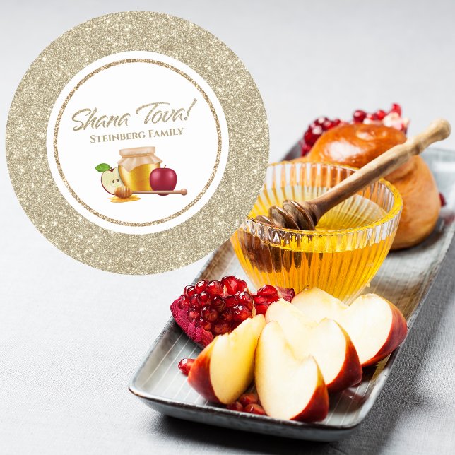 Glam White und Gold Glitzer Juwish Rosh Hashanah Runder Aufkleber (Von Creator hochgeladen)