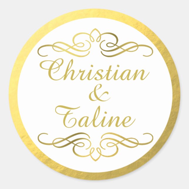 Glam Wirbel Blüh Gold Foil Kontur Hochzeit Runder Aufkleber (Vorderseite)