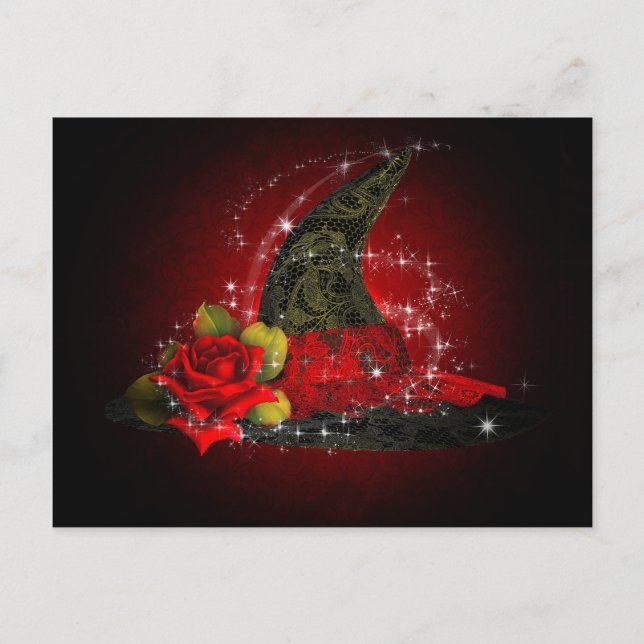 Glam Witch Hat Lacy Black & Red Sparkle Party Einladungspostkarte (Vorderseite)