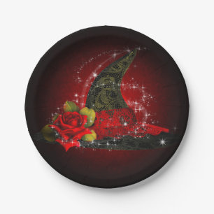 Glam Witch Hat Lacy Black & Red Sparkle Party Pappteller