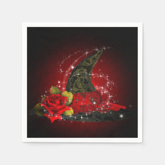 Glam Witch Hat Lacy Black & Red Sparkle Party Serviette (Vorderseite)