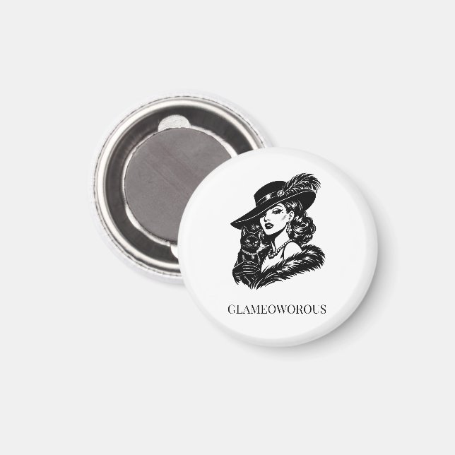 Glam Woman with Cat Fashion Illustration Magnet (Vorderseite/Rückseite)