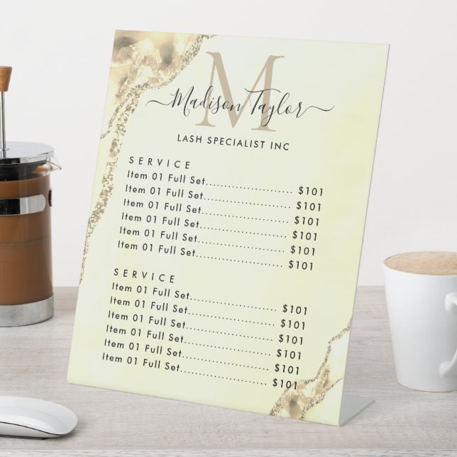 Glam Yellow Glitzer Agate Marble Monogramm Sockelschild (In Situ)