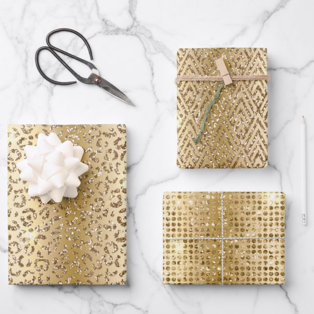 Glam Yellow Glitzer Leopard Geschenkpapier Set (Vorderseite)