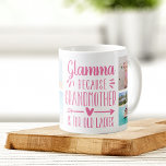 Glamma Großkinder Namen & Fotosammlung Kaffeetasse<br><div class="desc">Diese niedliche und lustige Glamma-Tasse ist ein Geschenk für eine Großmutter, die es hasst, Großmutter genannt zu werden. In einer Collage von fünf Fotos ihrer Enkel zeigt sie das Sprichwort "Glamma - denn Großmutter ist für alte Damen". Personalisieren Sie mit einer individuellen Nachricht, den Enkelnamen und/oder dem Jahr auf einem...</div>
