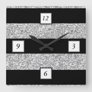 Glamor Black Stripes with Silver Glitter Printed Quadratische Wanduhr