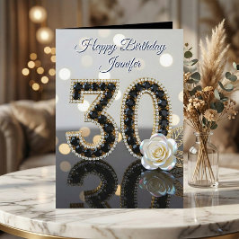 Glamorous 30th Birthday Black Diamonds White Rose Karte