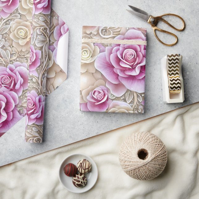 Glamorous 3-D Pink And White Roses Pattern Geschenkpapier (Kunsthandwerk)