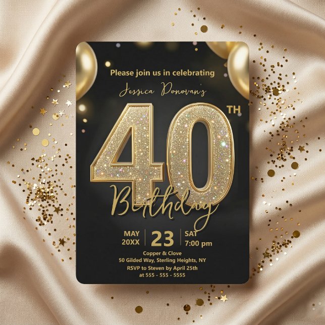 Glamorous Black Gold Glitter 40th Birthday Party Einladung (Von Creator hochgeladen)