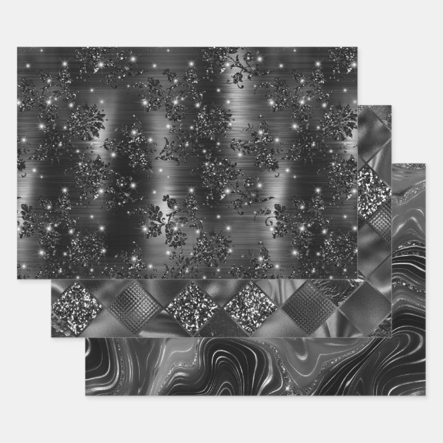 Glamorous Black & Silver Sparkling Patterns Geschenkpapier Set (Set)