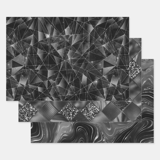 Glamorous Black & Silver Sparkling Patterns Geschenkpapier Set (Set)