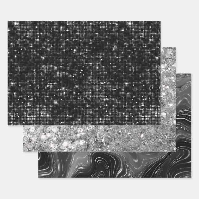 Glamorous Black & Silver Sparkling Patterns Geschenkpapier Set (Set)