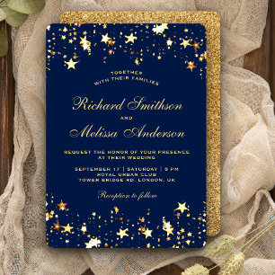 Glamorous Blue Gold Faux Glitter Stars Wedding Einladung