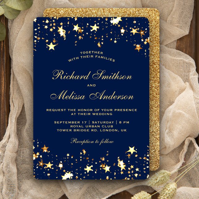 Glamorous Blue Gold Faux Glitter Stars Wedding Einladung (Von Creator hochgeladen)