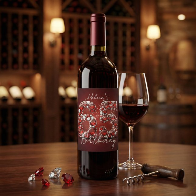 Glamorous Elegant Ruby Red Diamonds 65th Birthday Weinetikett (Von Creator hochgeladen)