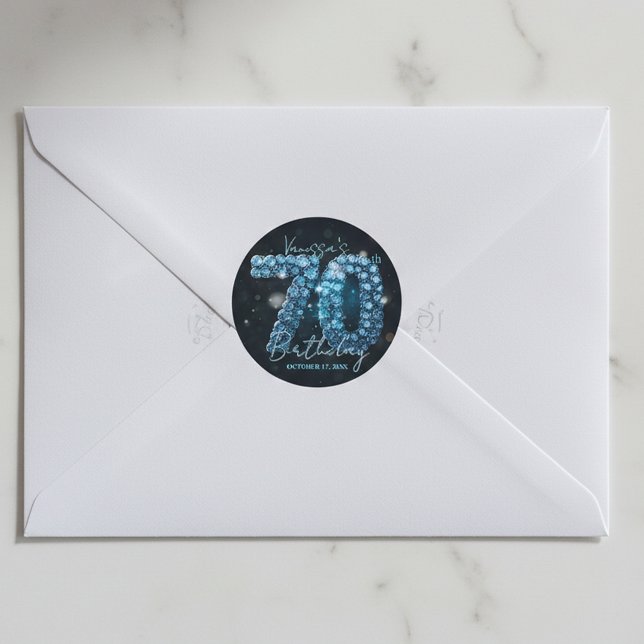 Glamorous Elegant Teal Blue Diamonds 70th Birthday Runder Aufkleber (Von Creator hochgeladen)
