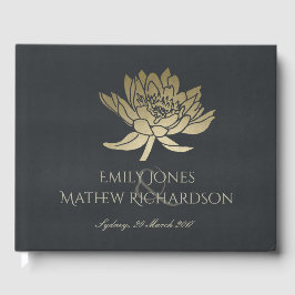 GLAMOROUS GOLD BLUE BLACK LOTUS FLORAL MONOGRAMM GÄSTEBUCH