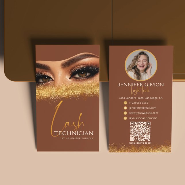 Glamorous Gold & Brown Lash Tech QR Code  Visitenkarte (Von Creator hochgeladen)