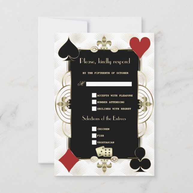 Glamorous Gold Casino Vegas Poker Wedding RSVP Karte (Vorderseite)