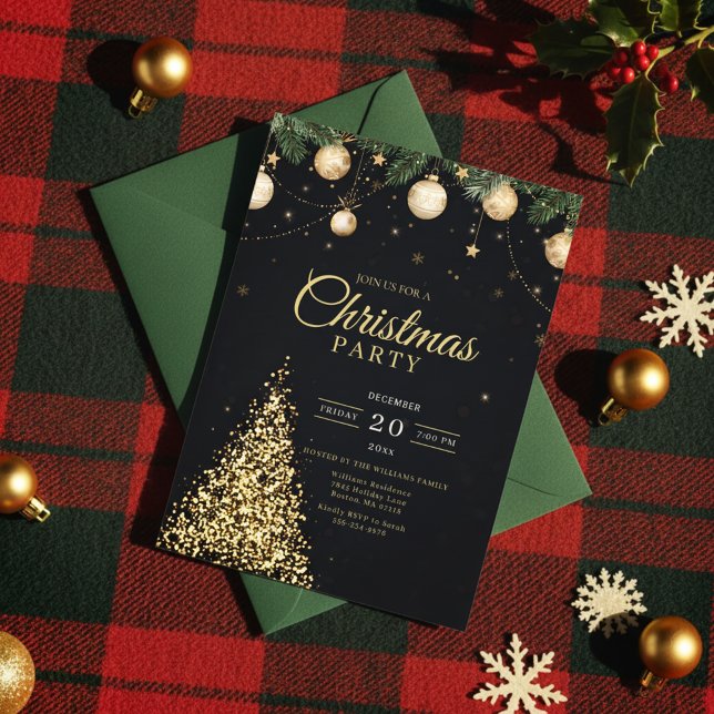Glamorous Gold Christmas Tree Party Invite Einladung (Modern Holiday Invitation)