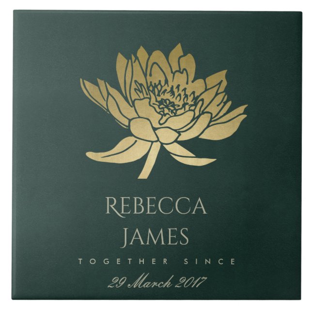 GLAMOROUS GOLD DARK GREEN LOTUS SAVE THE DATE GIFT FLIESE (Vorderseite)