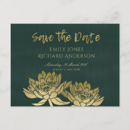 GLAMOROUS GOLD GREEN LOTUS FLORAL SAVE THE DATE ANKÜNDIGUNGSPOSTKARTE