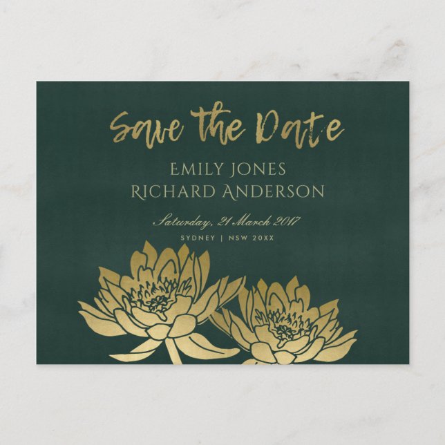 GLAMOROUS GOLD GREEN LOTUS FLORAL SAVE THE DATE ANKÜNDIGUNGSPOSTKARTE (Vorderseite)